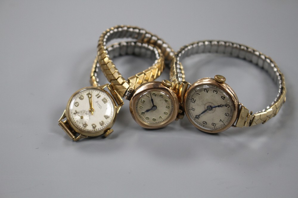 A ladys 9ct gold Rolex manual wind wrist watch and two other ladys 9ct gold manual wind wrist watches including Accurist